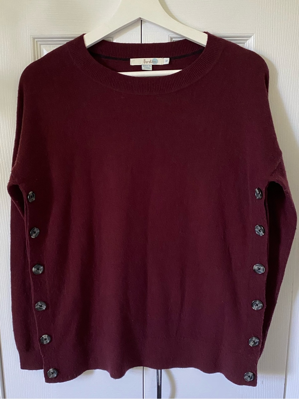 Boden Zia Button Side Sweater Crewneck wool blend Burgundy Size Small